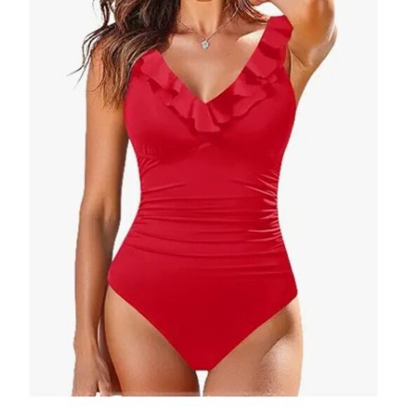 One Piece Red Ruffled Tummy Control Swimsuit - Size XL - NWT - Picture 7 of 9